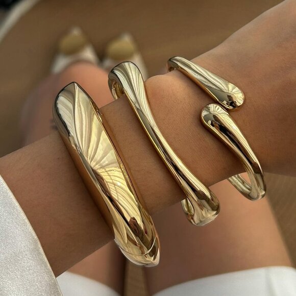 Gold 3 Sets Bangle Bracelets for Women and Teens Adjustable Chunky Twist Cuff - Picture 3 of 7